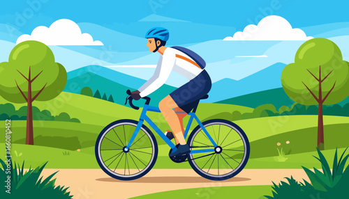 Active Cyclist Riding Bicycle on Scenic Path Through Green Hills Landscape