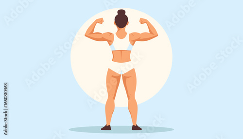 Strong woman flexing biceps, back view. Female fitness, strength, and healthy lifestyle concept illustration.
