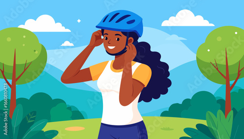Smiling Young Woman Adjusting Blue Bicycle Helmet Outdoors. Flat Vector Illustration of Cycling Safety and Active Lifestyle.