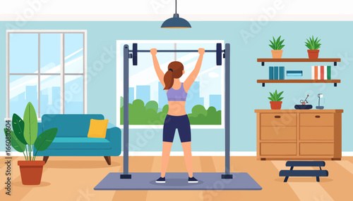 Woman Weightlifting at Home. Female Athlete Doing Barbell Overhead Press Exercise in Modern Living Room for Home Fitness