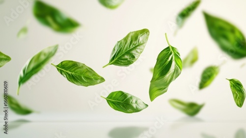 Fresh basil leaves floating in the air against a white background with a glossy reflection surface