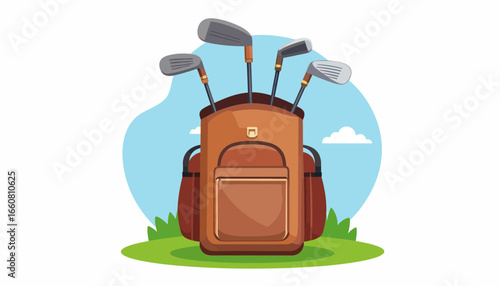 Golf Bag with Clubs on Green Course. Vector Flat Design Illustration for Sport, Leisure, and Recreation Activity.