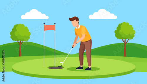 Male Golfer Putting Ball into Hole on Green. Flat Vector Golfing Illustration.