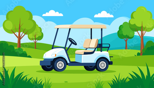 Golf Cart on Green Golf Course Landscape Illustration with Blue Sky and Trees