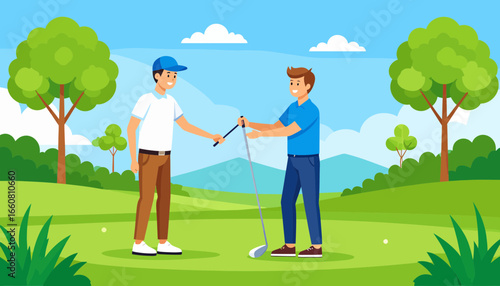 Golf instructor handing a club to a student on a sunny green course, depicting a lesson or equipment exchange.