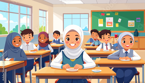 Cheerful diverse students in a bright classroom, ready for learning and education