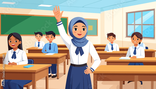 Smiling student in hijab raises hand in diverse classroom. School education, learning, and active participation illustration.