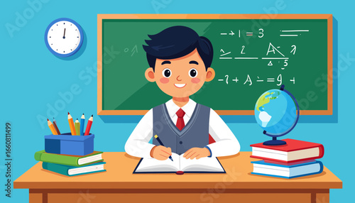 Cartoon illustration of a smiling student studying at a classroom desk with books, globe, and chalkboard. Education concept.