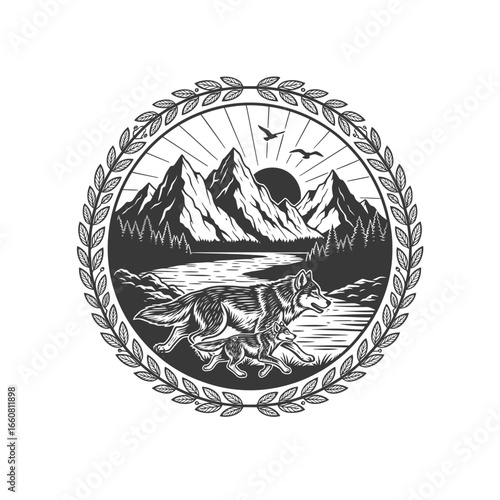 Wolves running by a serene lake, mountains in background. Vintage style illustration.