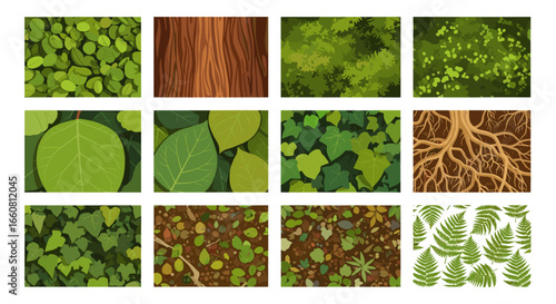 A collection of twelve square images displaying various natural textures including leaves, wood, and roots