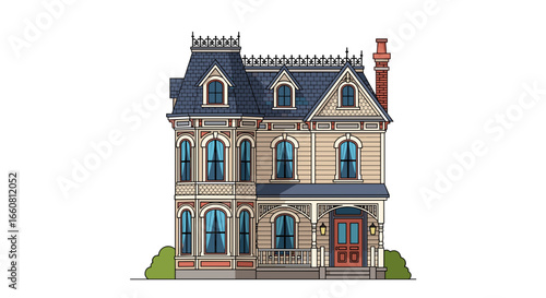 Illustration of a three story victorian style house with a blue roof and a red front door design