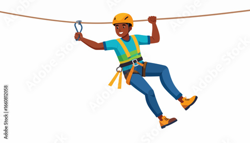 A smiling young man in a yellow helmet and blue harness enjoying an exciting zip-lining adventure, holding onto the cable with a carabiner.
