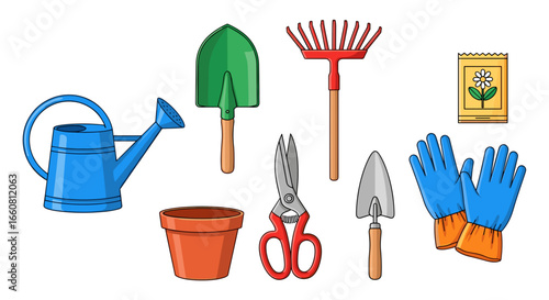 Illustration of gardening tools including a watering can, shovels, rake, and gardening gloves shown