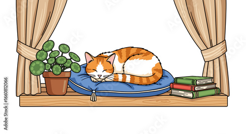 An orange and white tabby cat sleeps curled up on a blue pillow next to books and a potted plant