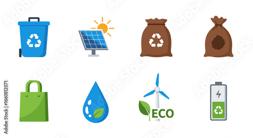 Illustration of recycling bin, solar panel, bags, shopping bag, water drop, windmill and battery icon