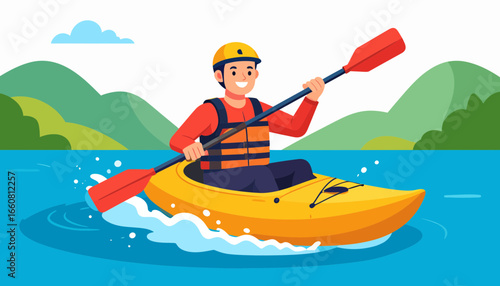 Man kayaking on a serene lake.