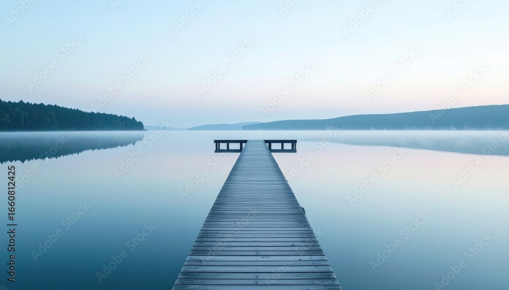 Obraz premium Serene long wooden dock extending over calm reflective lake with misty horizon and distant tree line du early morning peaceful scenery for relaxation and nature
