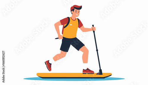 Man running on a stand up paddleboard.