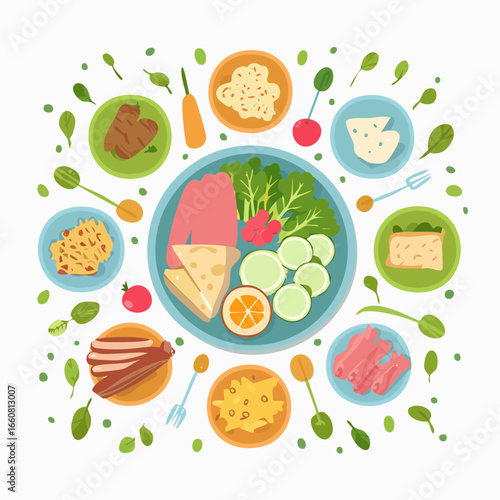 A colorful illustration of a balanced diet plate with various food groups.