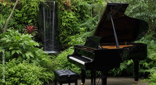Grand piano nestled in a verdant garden paradise with a cascading waterfall