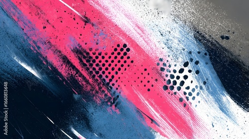 A bold abstract artwork featuring a dynamic blend of bright vibrant colors overlapping brush strokes and textural elements that create a visually striking and energetic composition
