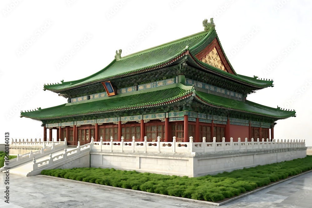 Fototapeta premium Majestic traditional chinese temple architecture with green glazed roofs and white stone base
