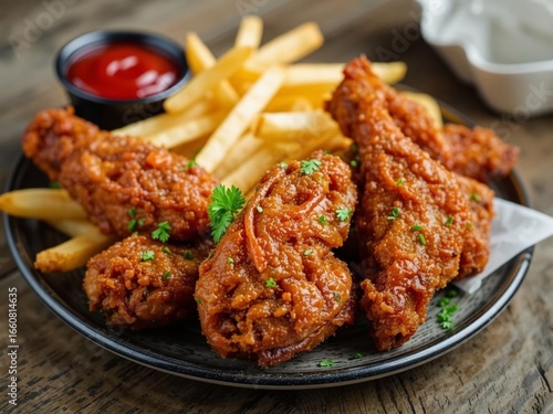 Crispy Chicken Wings and Fries with Parsley Garnish