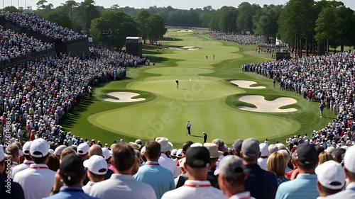 Thrilling golf championship captures massive crowd's excitement on a sun-drenched fairway, showcasing dynamic sport action.
