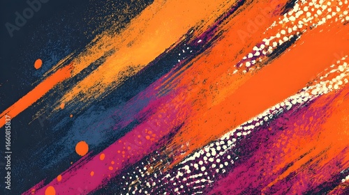 A bold and dynamic abstract painting with a vibrant color palette of orange purple and blue featuring energetic brush strokes and a fluid expressive composition