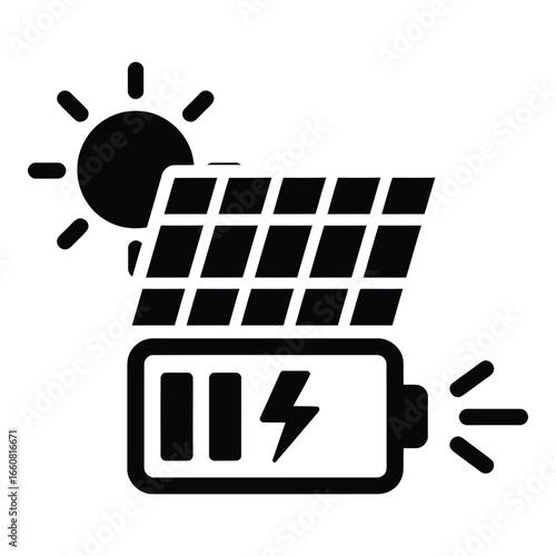 Vector illustration of a solar panel generating electricity with a sun above, representing renewable energy, solar power, and sustainability.