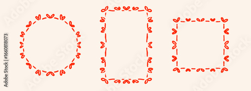 Red hand drawn bow frame set. Heart shape ribbon border collection. Circle, rectangle and square doodled box bundle for invitation template, poster, banner. Coquette sketch cadre pack. Vector