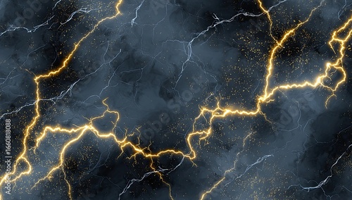 Abstract dark gray marble with luminous gold lightning streaks