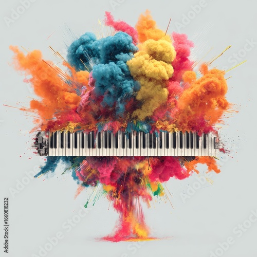 Colorful explosion erupts around a piano keyboard