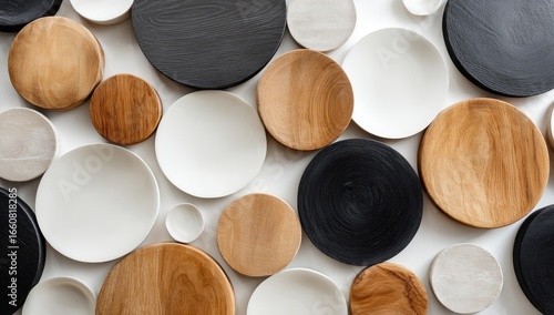 Circular wooden and ceramic plates in various colors