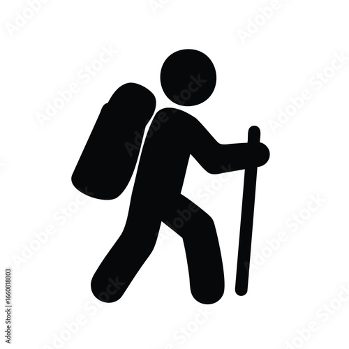 Silhouette Icon of a Hiker with Backpack and Hiking Stick Adventure Ready
