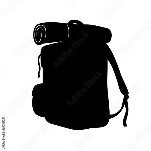 Hiking backpack silhouette with rolled sleeping bag on top for camping