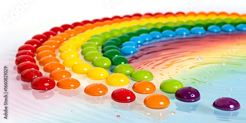 Skittles candy sugar water experiment with rainbow color bleed arch background