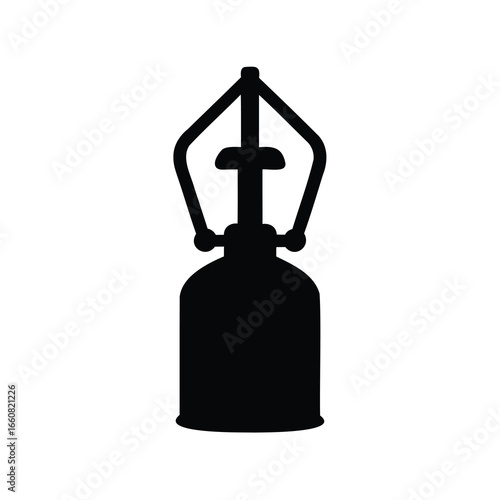 Camping gas cylinder silhouette icon - Black silhouette icon of a camping gas cylinder with valve handle, used for outdoor cooking, portable stoves, and camping equipment.
