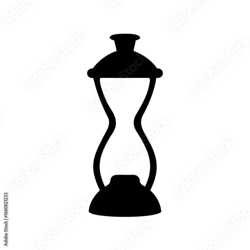 Hourglass silhouette icon - Black silhouette icon of an hourglass, symbolizing time, countdown, timer, patience, antique sand clock, and passage of time.
