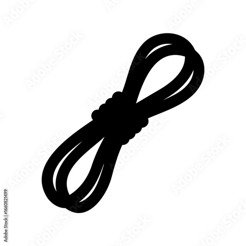 Climbing rope bundle silhouette icon - Black silhouette icon of a coiled climbing rope bundle, symbolizing mountaineering, hiking, camping, outdoor gear, adventure, safety, and survival equipment.
