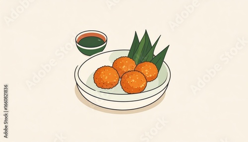 Wallpaper Mural Simple illustration of five golden fried croquettes with green leaves on a white plate accompanied by a small dipping sauce bowl on a plain background Torontodigital.ca