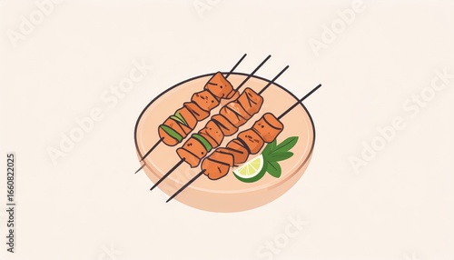 Wallpaper Mural Illustration of three skewered grilled salmon pieces garnished with lime slices and fresh herbs on a simple round plate, cartoon style, minimalistic design Torontodigital.ca