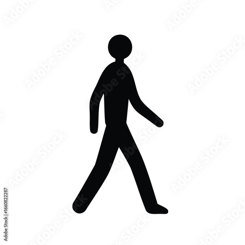 Simple black silhouette of a person walking, depicted as a generic human figure icon, ideal for pedestrian signage, navigation, or general human movement representation in vector format.
