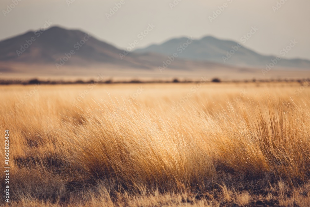 Obraz premium Golden Grasslands Under Soft Evening Light with Distant Mountains in Background, Evoking Serenity and Nature's Beauty