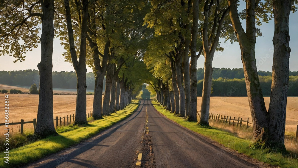Obraz premium Road to Serenity: An open road stretches toward the horizon, flanked by trees in an artistic journey, inviting a sense of peaceful exploration and serene moments. 