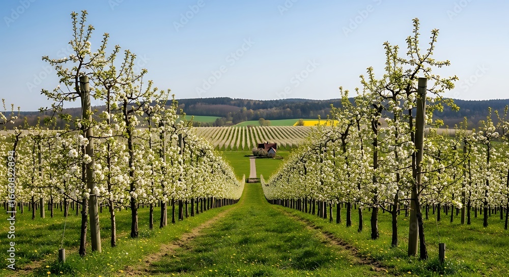 Naklejka premium Blossoming Orchard Rows with Green Grass Under Blue Sky