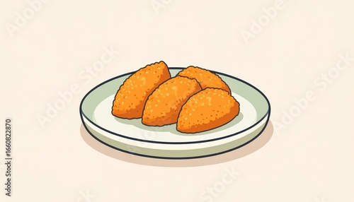 Wallpaper Mural Simple illustration of three golden fried chicken nuggets on a white plate with a green rim against a plain background in a minimalistic cartoon style Torontodigital.ca