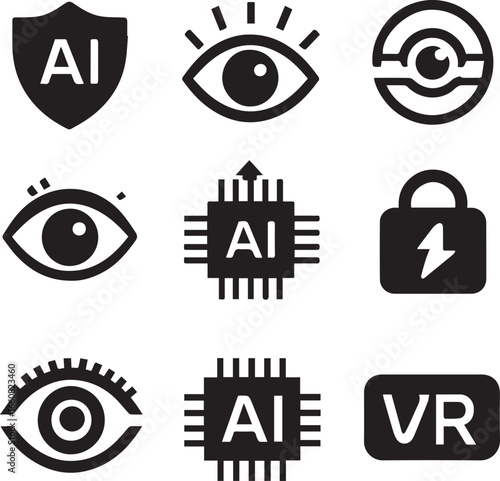 Futuristic technology icon collection including AI processor, VR logo, and cybersecurity symbols for digital concepts