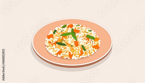 Simple Illustration of a Plate of Cooked Rice with Carrots and Green Vegetables on a Light Beige Background