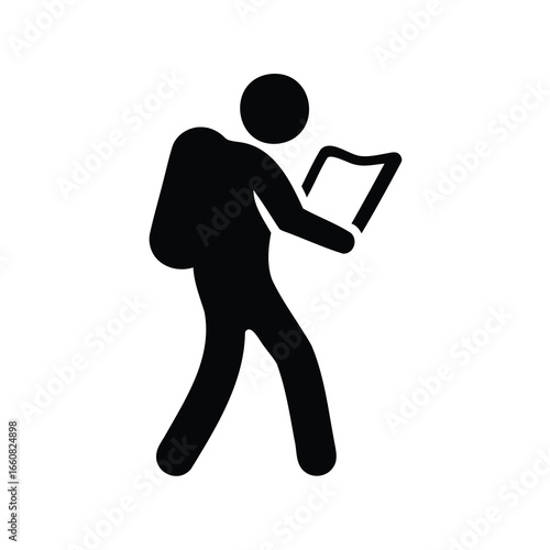 A person with a backpack looking at a book or map icon